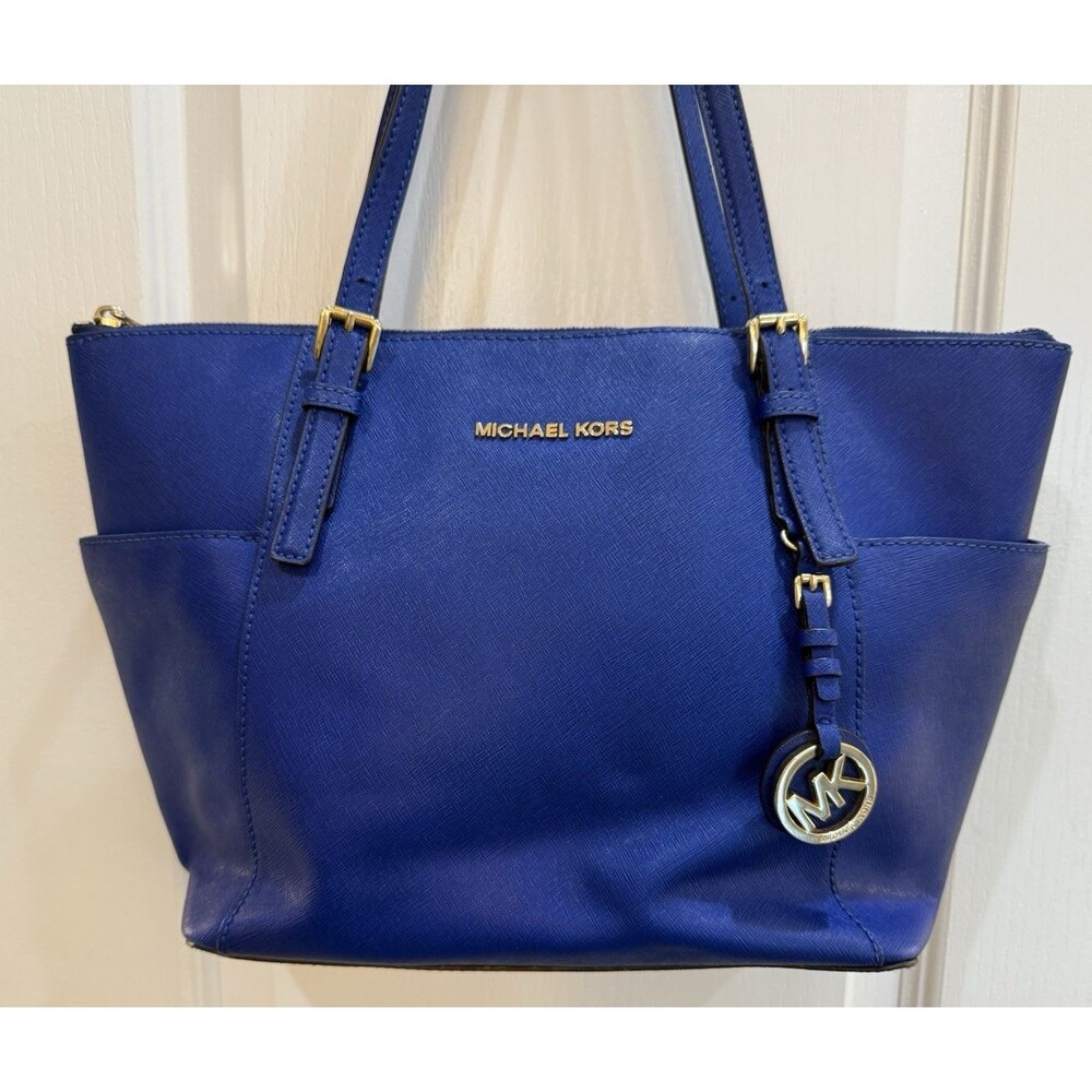 Michael Kors Jet Set Tote Blue Saffiano Leather Top Zip Shoulder Bag Purse